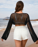 Women'S Bell Sleeve Loose Round Neck Hollow Knitted Sweater For Women