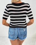 Round Neck Pullover Striped Fashionable Short-Sleeved Patchwork Women'S Sweater
