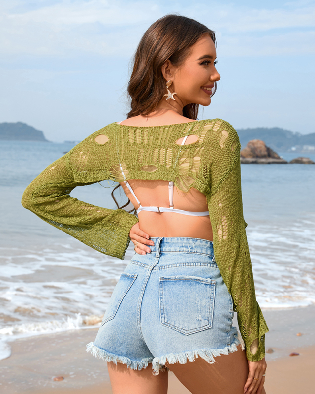 Beach Cover-Up Solid Color Ultra Short Bell Sleeve Women'S Sweater