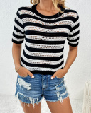Round Neck Pullover Striped Fashionable Short-Sleeved Patchwork Women'S Sweater