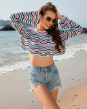 Patchwork Round Neck Striped Bikini Beach Cover-Up