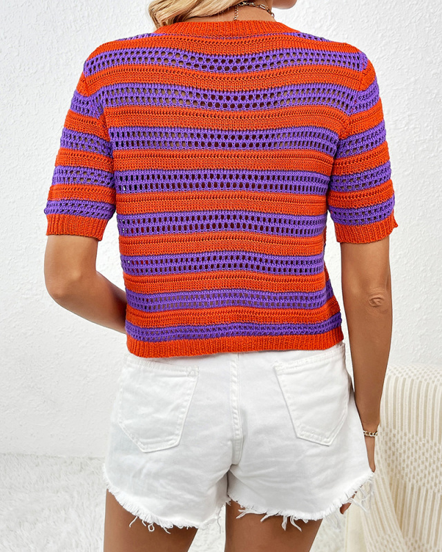 Round Neck Pullover Striped Fashionable Short-Sleeved Patchwork Women'S Sweater