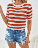 Round Neck Pullover Striped Fashionable Short-Sleeved Patchwork Women'S Sweater