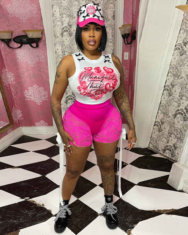 Printed Sleeveless Vest With Lace Shorts Two Piece Short Set S-XXL