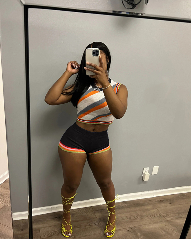 Colorblock Knitted Summer Two Piece Short Set S-XXL