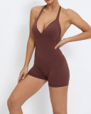 Women Backless Halter Neck Hips Lift Back Pocket Sports Romper S-L