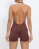 Women Backless Halter Neck Hips Lift Back Pocket Sports Romper S-L