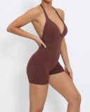 Women Backless Halter Neck Hips Lift Back Pocket Sports Romper S-L