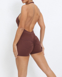 Women Backless Halter Neck Hips Lift Back Pocket Sports Romper S-L