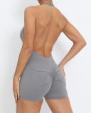 Women Backless Halter Neck Hips Lift Back Pocket Sports Romper S-L