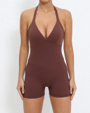 Women Backless Halter Neck Hips Lift Back Pocket Sports Romper S-L