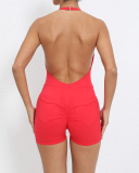 Women Backless Halter Neck Hips Lift Back Pocket Sports Romper S-L
