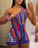 Single Shoulder Printed Women Summer Jumpsuit XS-XL