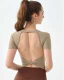 Logo Printed Backless Short Sleeve Women O Neck Slim Fitness T-shirt S-XL