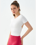 Logo Printed Backless Short Sleeve Women O Neck Slim Fitness T-shirt S-XL