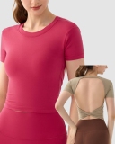 Logo Printed Backless Short Sleeve Women O Neck Slim Fitness T-shirt S-XL