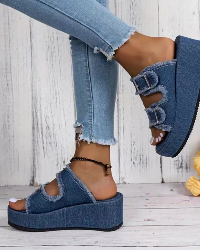 Denim Belt Buckle One-Step Sandals Women's Summer Outdoor Wear Thick-Soled Slippers