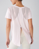 Women Short Sleeve O Neck Mesh Back Slit T-shirt S-XL
