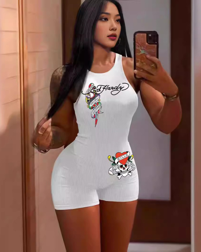 Sleeveless Letter Printed Women Summer Trendy Jumpsuit XS-XL