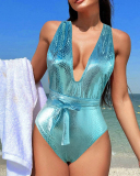 Open Back Deep V-neck Ladies One Piece Swimwear S-XL