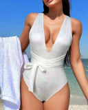 Open Back Deep V-neck Ladies One Piece Swimwear S-XL