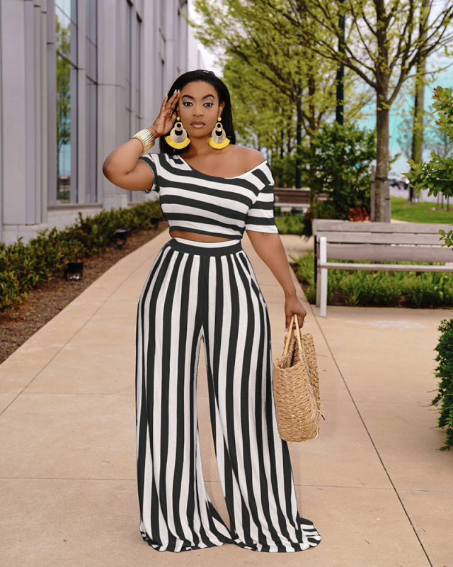 Plus Size Stripe Loose Style Women Two Piece Pant Set S-3XL