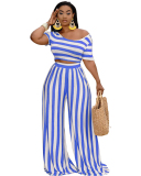 Plus Size Stripe Loose Style Women Two Piece Pant Set S-3XL