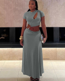 Short Sleeve Grey Color Women Long Dress S-L