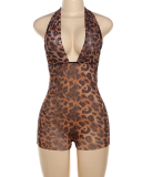 Summer Women Fashion See Through Backless Halter Neck Leopard Romper S-L