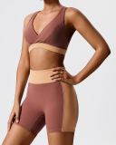 Women V Neck Sports Bra Colorblock Shorts Yoga Two Piece Sets XS-XL
