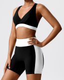 Women V Neck Sports Bra Colorblock Shorts Yoga Two Piece Sets XS-XL