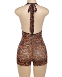 Summer Women Fashion See Through Backless Halter Neck Leopard Romper S-L