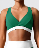 Women V Neck Sports Bra Colorblock Shorts Yoga Two Piece Sets XS-XL