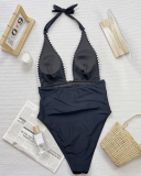 Deep V-neck Black One Piece Swimsuit S-L