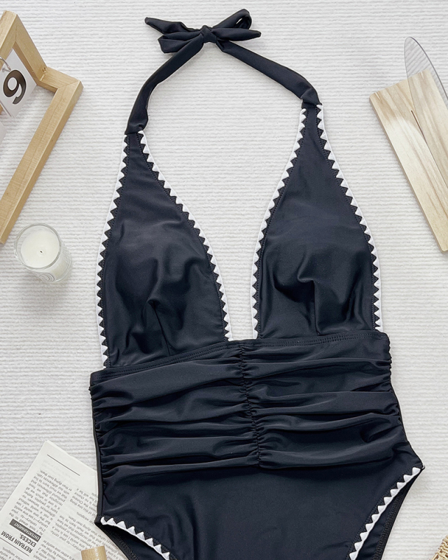Deep V-neck Black One Piece Swimsuit S-L