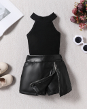 Fashion Girls Summer New Sleeveless Knit Vest PU Skirt Two Pieces Sets Black White 90CM-130CM