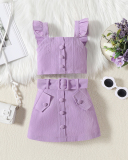 2024 Summer Ruffles Sleeve Vest Skirt Belt Three Piece Set Purple Rosy 90CM-130CM