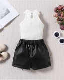 Fashion Girls Summer New Sleeveless Knit Vest PU Skirt Two Pieces Sets Black White 90CM-130CM