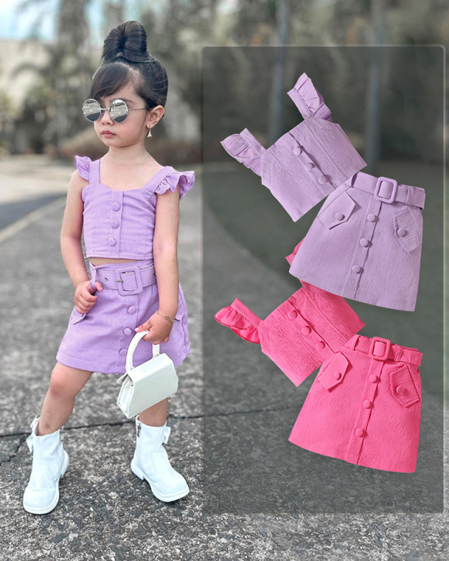 2024 Summer Ruffles Sleeve Vest Skirt Belt Three Piece Set Purple Rosy 90CM-130CM