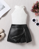 Fashion Girls Summer New Sleeveless Knit Vest PU Skirt Two Pieces Sets Black White 90CM-130CM