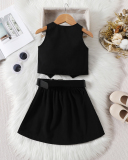Girls Fashion Sleeveless V Neck Vest Pleated Skirt With Belt Three Piece Sets Black 90CM-130CM
