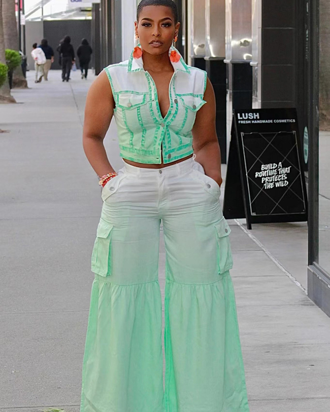 Green Crop Top Gradient Ruffle Design Pants Set S-XXL