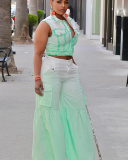 Green Crop Top Gradient Ruffle Design Pants Set S-XXL