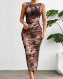 Women Tie Dyed Summer Elegant Sleeveless Mesh Maxi Dress Green Blue Brown Red S-XL