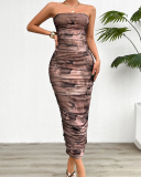 Elegant Women Strapless Ruched Mesh Tie Dye Slim Maxi Dress Red Coffee Green Blue Brown S-XL