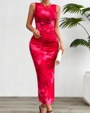 Women Tie Dyed Summer Elegant Sleeveless Mesh Maxi Dress Green Blue Brown Red S-XL