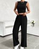 Women Sleeveless Vest Casual Straight Pants Sets Two Pieces Outfit Pink Wine Red Navy Blue Black Apricot S-XL