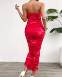 Elegant Women Strapless Ruched Mesh Tie Dye Slim Maxi Dress Red Coffee Green Blue Brown S-XL