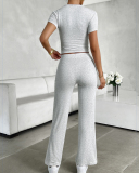 Women Short Sleeve O Neck Solid Color Fashion Casual Pants Sets Two Pieces Outfit Black Gray Blue Pink S-XL