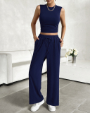 Women Sleeveless Vest Casual Straight Pants Sets Two Pieces Outfit Pink Wine Red Navy Blue Black Apricot S-XL